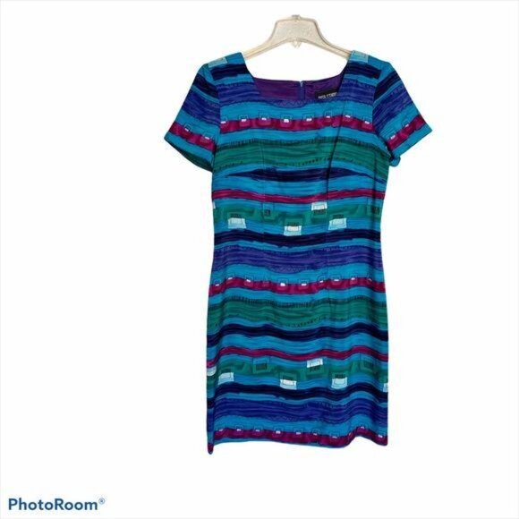 90s Vintage Multicolor Striped Short-Sleeve Dress - Picture 6 of 10